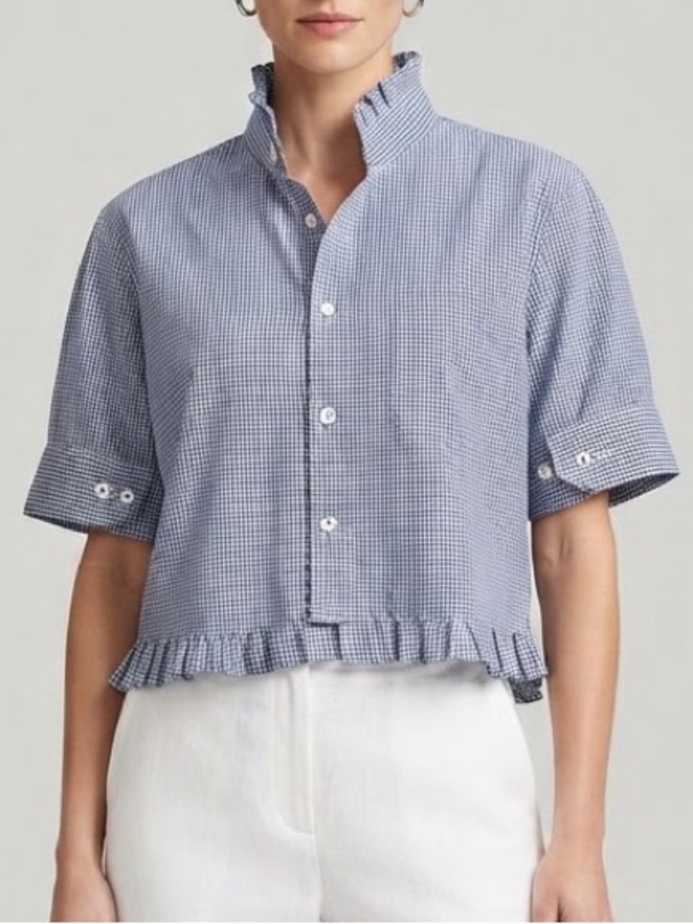 Upcycled Reworked Navy Gingham Check Ruffle Crop Top Button Up Shirt XL